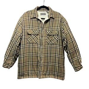 David Taylor Sherpa Lined Flannel Shirt Jacket Plaid Shacket‎ Beige Navy Red M